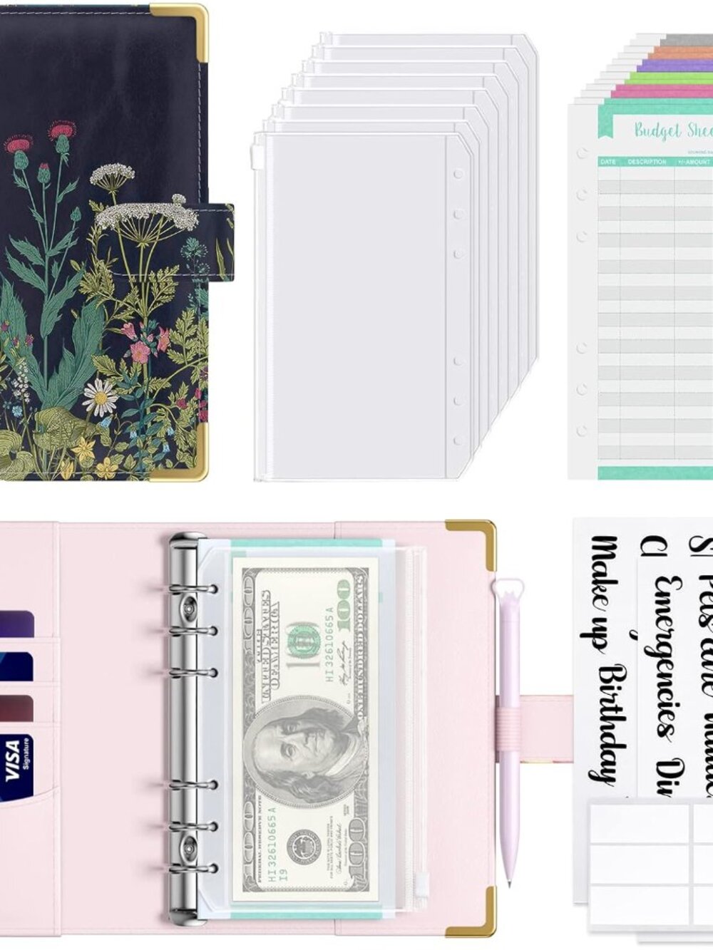 Budget Binder with Zipper Envelopes, A6 Money Saving Binder Cash Envelopes for B